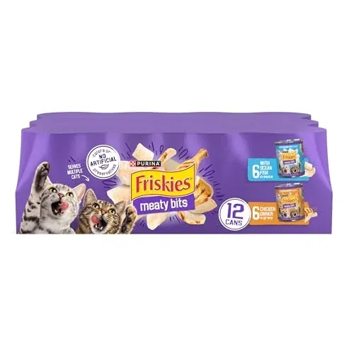 Purina Friskies Meaty Bits with Ocean Fish and Chicken Dinner in Gravy Multi Cat Wet Cat Food Variety Pack - 13.5 Ounces (Pack of 12)