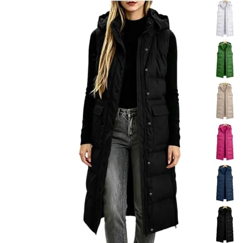 Long Puffer Vest Quilted Zip Up Hooded Vest