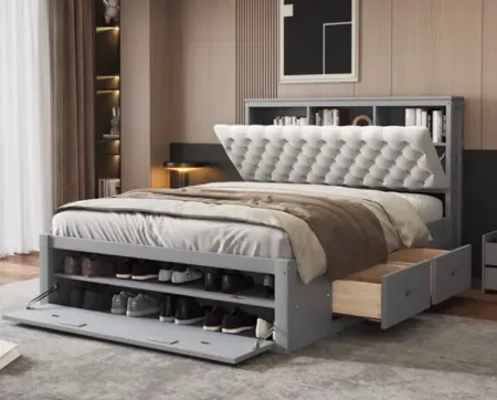 Euroco Wood Queen Platform Bed with Storage Headboard