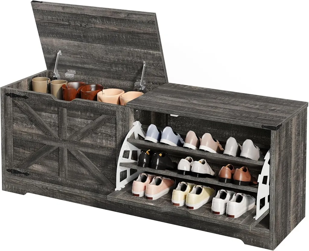 DWVO Farmhouse 55" Shoe Storage Bench w/ 3 Flip Drawers