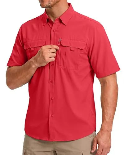 BETBO Men's Short Button-Down Sleeves Fishing Shirts w/ Zipper Pockets