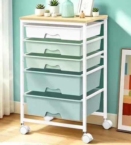 5-Tier SUNALLY Rolling Utility Cart w/ Wooden Tabletop