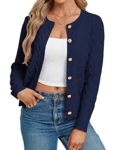 GRACE KARIN Women Navy Button Up Cable Knit Cardigan Sweaters