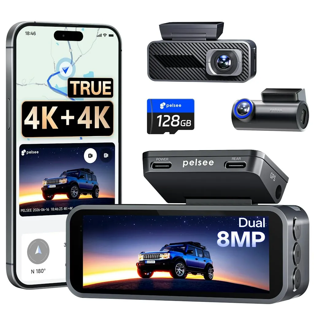 Pelsee S1 Pro Native 4K Front & Rear Dash Cam w/ 128GB Card