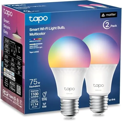 2-Pack Tapo 1100 Lumens A19 E26 Matter RGBW Smart Dimmable Light Bulb