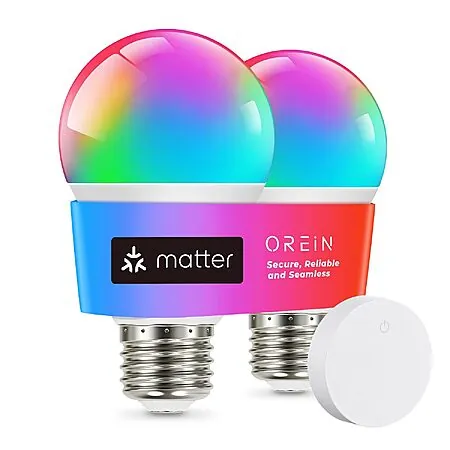 2-Pk OREiN Matter Smart A19 RGBTW Color Changing LED Light Bulbs w/ Remote