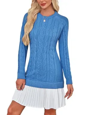 Angashion Cable Knit Patchwork Pleated Mini Sweater Women's Dress