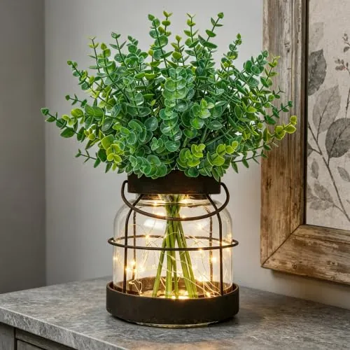 Der Rose Vintage Vase with Fake Plants & LED Lights GREEN