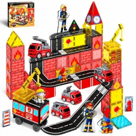 GobiDex Magnetic Tiles Fire Truck Set w/ 5 Cars & 5 Figures