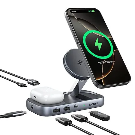 MOKiN 8-in-1 USB-C Docking Hub w/ Qi2 Charging Stand, 4K HDMI, 3x USB & 100W PD