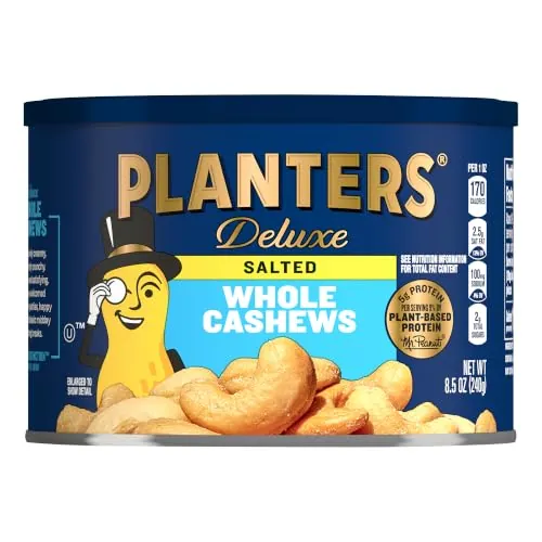 PLANTERS Deluxe Salted Whole Cashews, Plant Based Protein, 8.5 Oz (1 Ct) | Roasted Cashews. Snacks for Adults. Resealable Canister. Plant Based Protein Snack. Pantry Staples