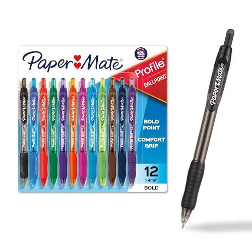 Paper Mate Profile Retractable Ballpoint Pens, Bold Point (1.4mm), Assorted Colors, 12 Count