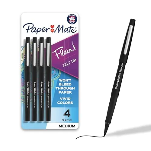 Paper Mate Flair Felt Tip Pens 4 Count Medium Point (0.7mm, Black)