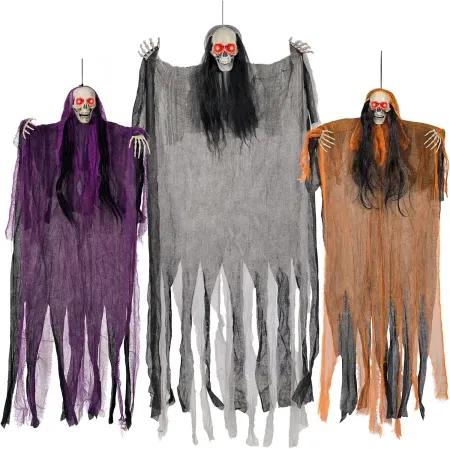 3-Pack Lighted LED Eye Halloween Hanging Skeleton Ghost
