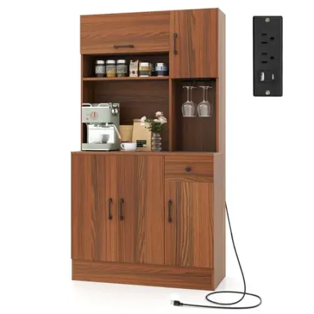 GIANTEX 66" Kitchen Pantry Cabinet w/ Charging Station & Hutch
