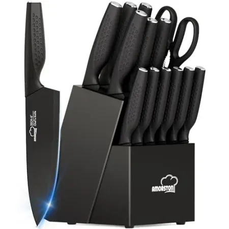 15-Piece Amorston Kitchen Knife Set with Block & Built-in Sharpener