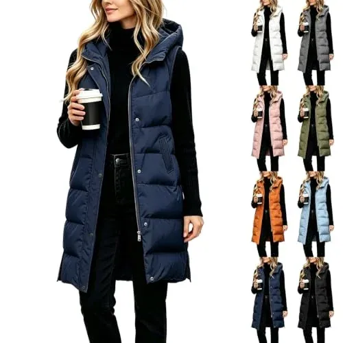 Womens Long Puffer Vest Stand Collar Quilted Hoodies