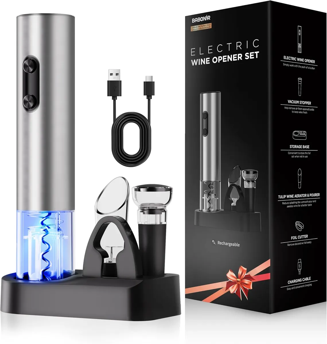 6-in-1 Stainless Steel Electric Wine Opener Set