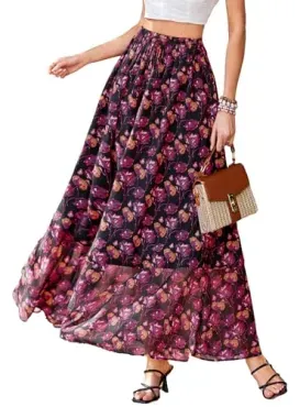 PRETTYGARDEN Floral High Waisted Slit Flowy Maxi Women's Long Skirt