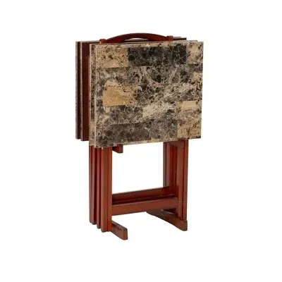 Linon Talia 26.4" Faux Marble Tray Table Set w/ Storage Cart (Set of 4, Brown)