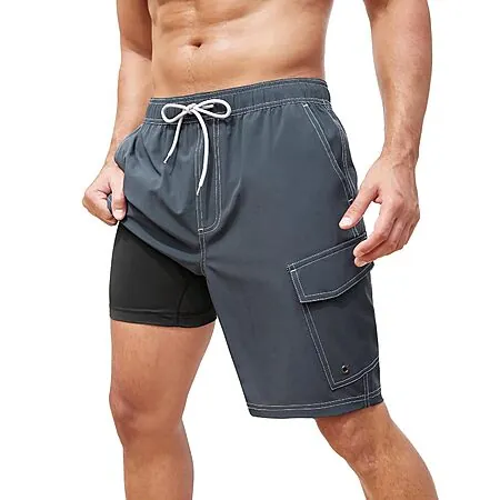 SILKWORLD Men's 9" Cargo Swim Trunks w/ Compression Liner