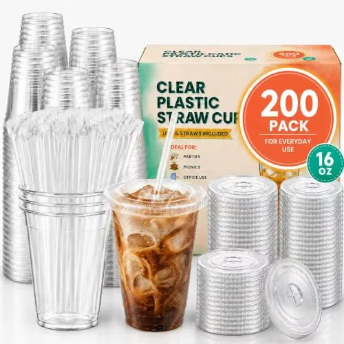 200-Pack 16oz Plastic Cups with Lids