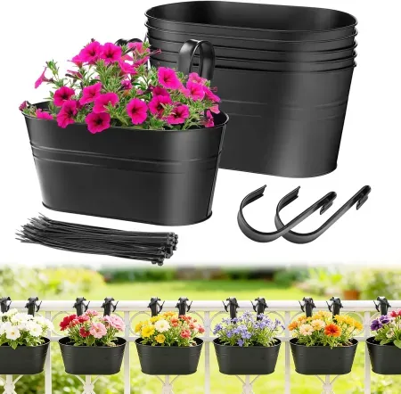 6-Pack 10.8" Oval Metal Railing Planter w/ Drainage Holes & Hooks