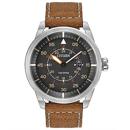 45mm Citizen Eco-Drive Avion 3-Hand Date Watch w/ Leather Strap