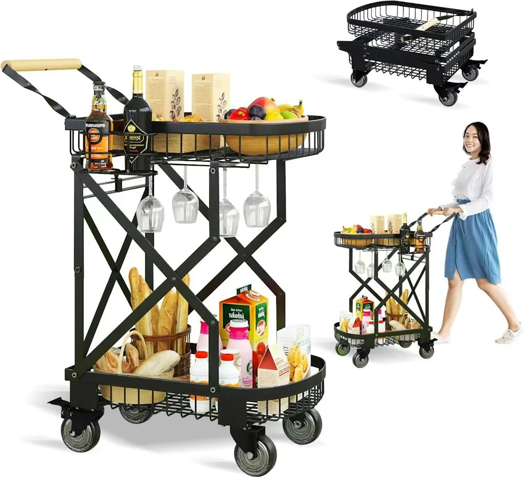 Lacacivin 2-Tier Foldable Shopping Cart w/ Wheels