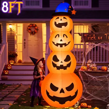 Qunler 8' Halloween Pumpkin Stack Inflatable Decoration w/ Witch Hat