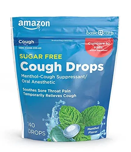 Amazon Basic Care Sugar Free Menthol or Honey Lemon Cough Drops 140 Count