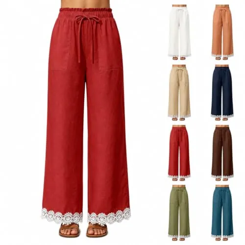 Women Lace Hem Drawstring Palazzo Pants