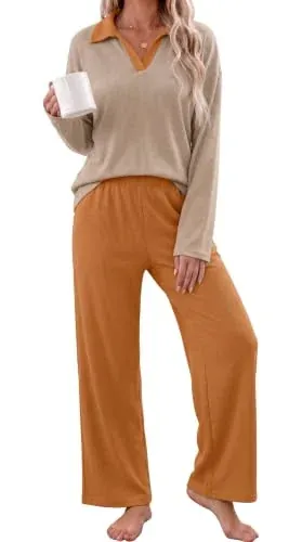 Ekouaer Long Sleeve Waffle Knit Pajama Sets
