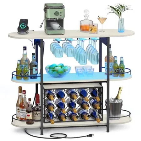 VASAGLE Bar Cabinet w/ LED Lights and Power Outlets