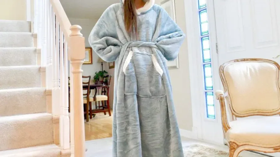 Long Sherpa Wearable Blanket Hoodie in Grey