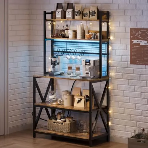 Yaheetech 64" 5-Tier Kitchen Baker's Rack w/ Power Outlet & LED Lights (Rustic Brown)