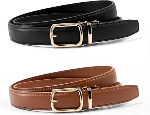 West Leathers Women's Skinny Ratchet Faux Leather Belt 2-Pack