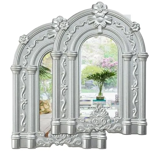2-Piece 14.5" x 10.6" Zexuiru Wood Frame Rustic Wall Mirror Set (Arch Silver Set)