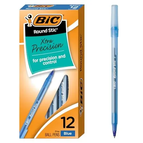 BIC Round Stic Xtra Precision Fine Blue Ballpoint Pens 12-Count (Medium Point, 0.8 mm)