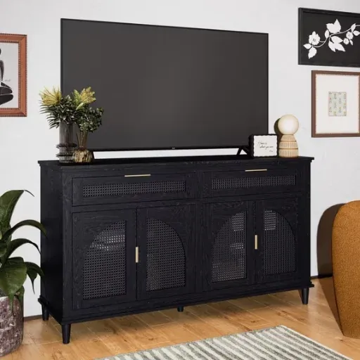 Beautiful Drew Rattan Media Console with Teched Away Drawer, Black Finish