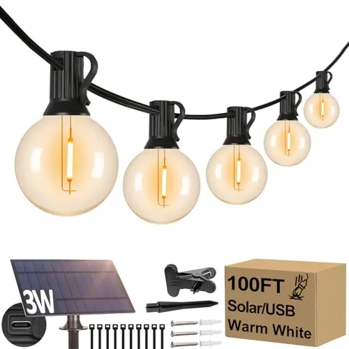 100' G40 Solar Waterproof Outdoor String Lights (36+1 LED Shatterproof Bulbs)