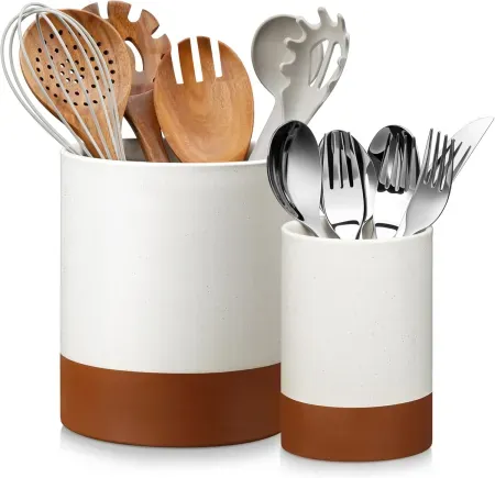 2-Piece MALACASA TARA Ceramic Kitchen Utensil Holder Crock Set