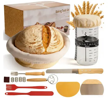 Asobeage Banneton Bread Proofing Basket Kit with 24oz Starter Jar