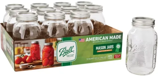 Ball Regular Mouth Quart 32-Oz. Glass Mason Jar with Lids and Bands 12-Count
