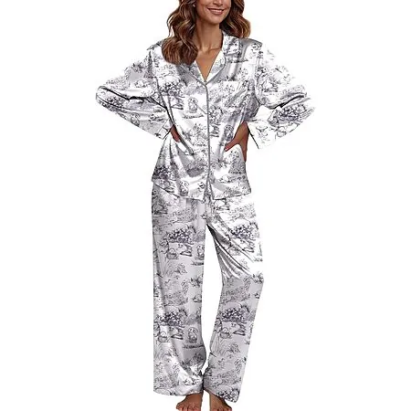 2-Pc Ekouaer Women's Satin Long Sleeve Button-Down Pajama Set