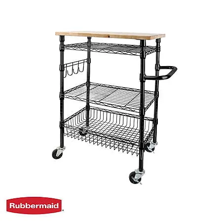 Rubbermaid 3-Tier Heavy Duty Rolling Utility Cart w/ Solid Wood Top (2 colors)