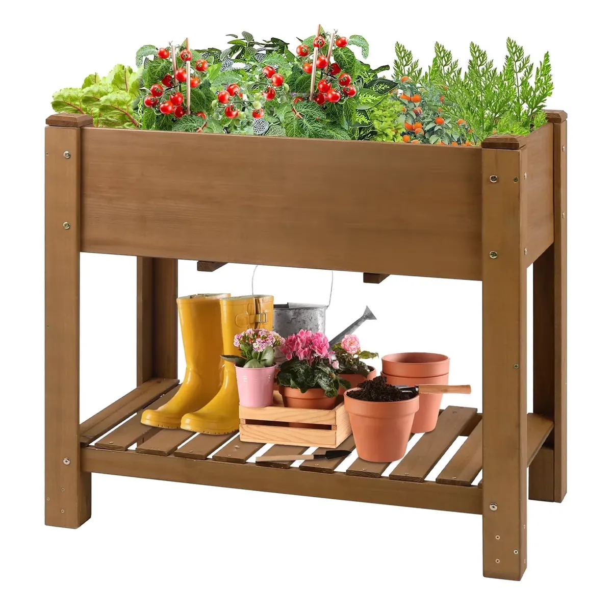 PETSCOSSET Elevated Planter Box with Storage Shelf, Solid Wood, Drainage Holes, 33 Inch