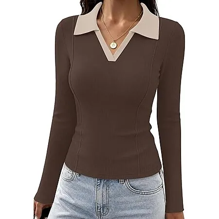WIHOLL Women's Ribbed Long Sleeve Collared V-Neck Fitted Top (Various)