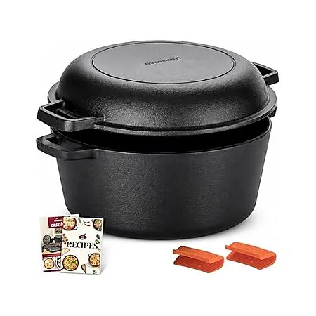 5-Qt Overmont 2-in-1 Pre-Seasoned Cast Iron Double Dutch Oven