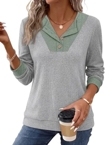 Sampeel Women's Long Sleeve Henley Tunic Sweater Top